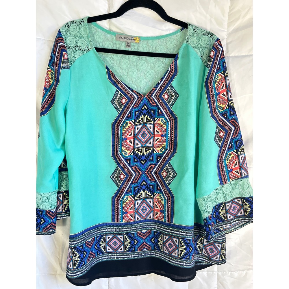 Figueroa Flower Turquoise Geometric Print Lace Trim Tunic‎ Top Women Medium